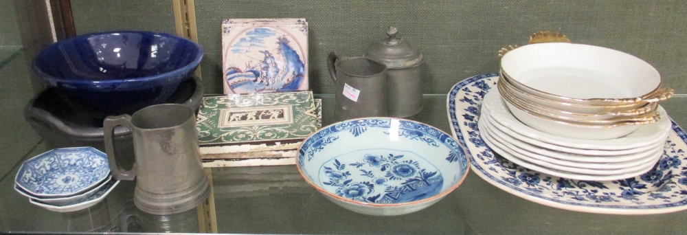 A collection of assorted china to include tiles, a quantity of pewter, a quantity of rectangular