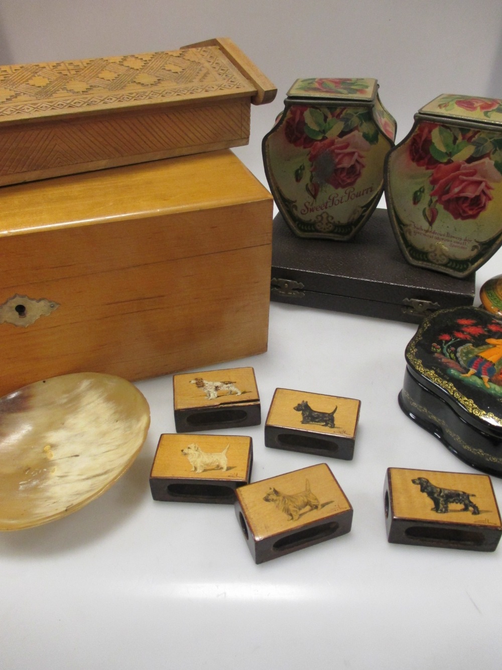 Five 1930`s small satinwood matchbox covers painted with dogs, various other boxes and other items