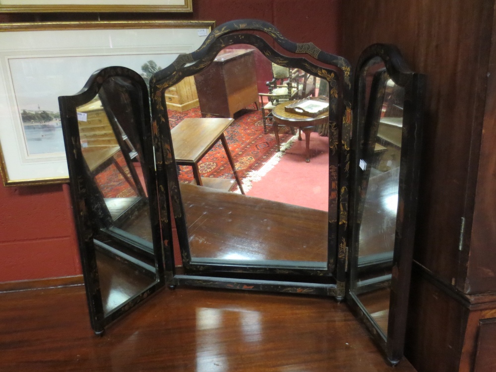 A Chinoiserie lacquer triple toilet mirror and a mahogany towel rail (2)