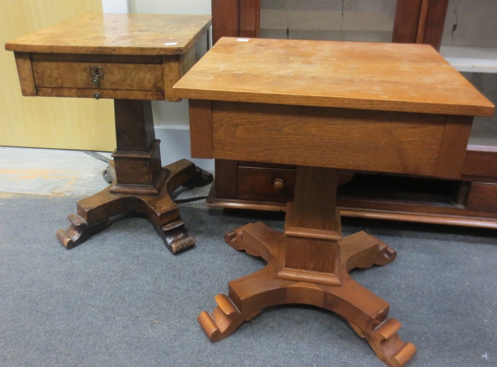 A Victorian burr walnut occasional table (reduced in height), and another similar table of later