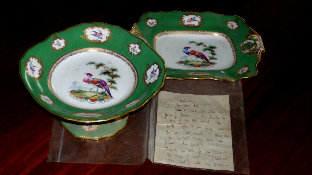A Copeland Spode square dish and tazza together with a letter for Ronald Copeland, the green rim