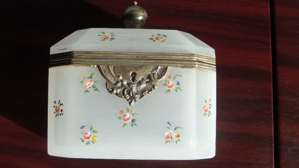 A mid 19th century silver mounted Bohemian glass scent bottle box, the smokey glass of canted