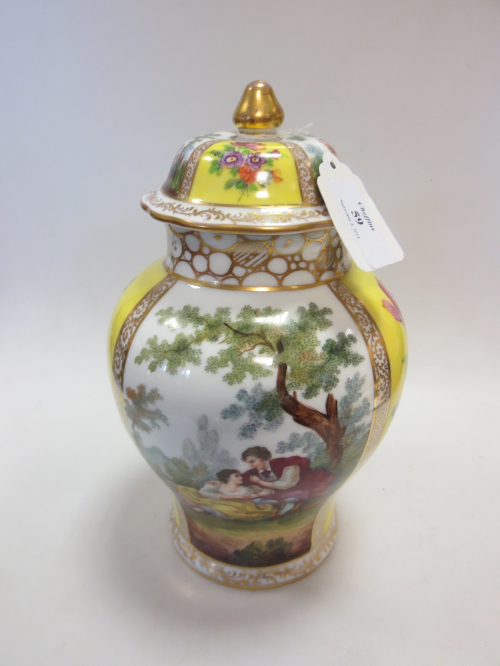 An outside decorated Dresden jar and cover, probably Helen Wolfshohn