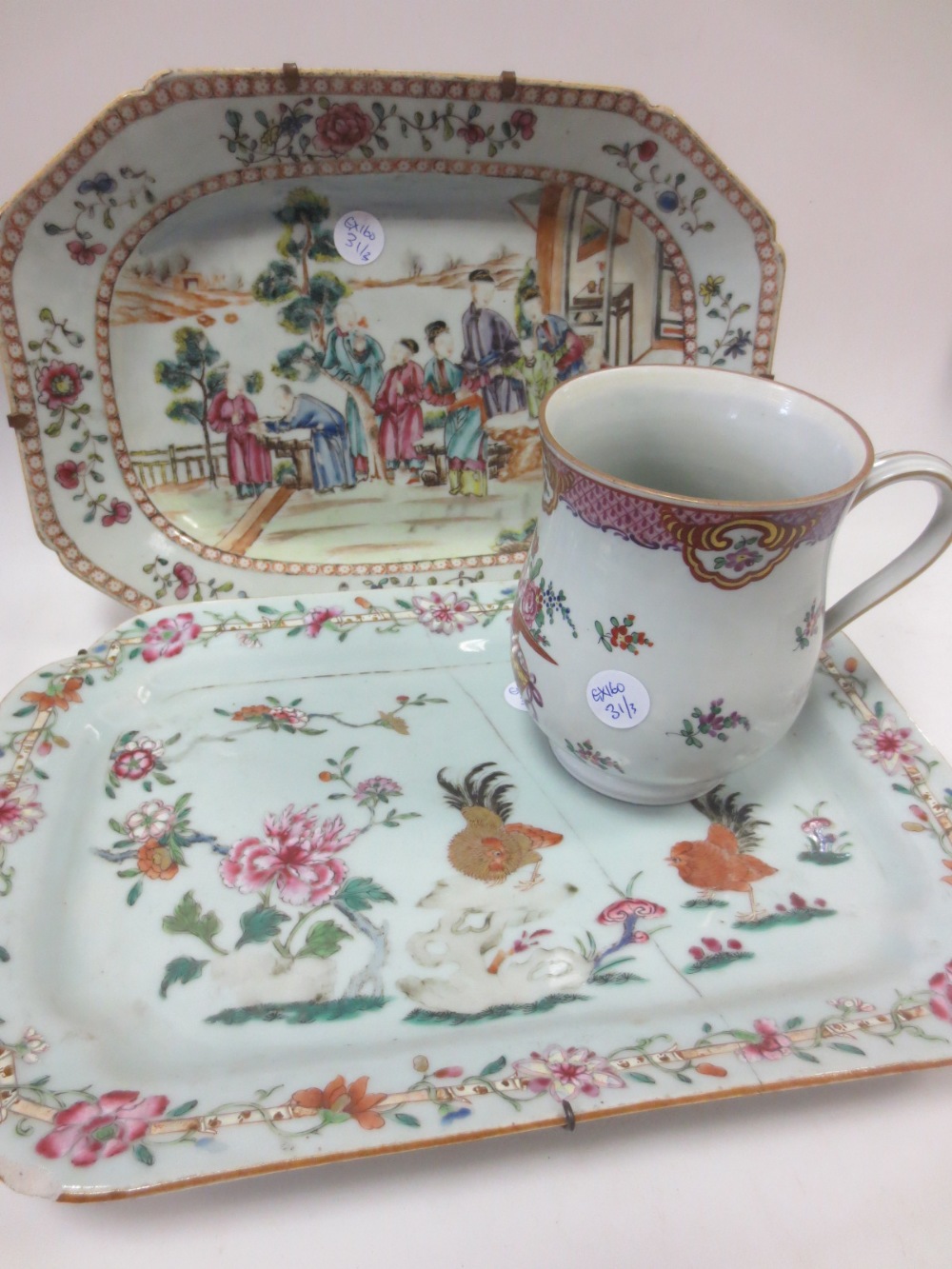 Two Chinese famille rose plates and a Samson mug