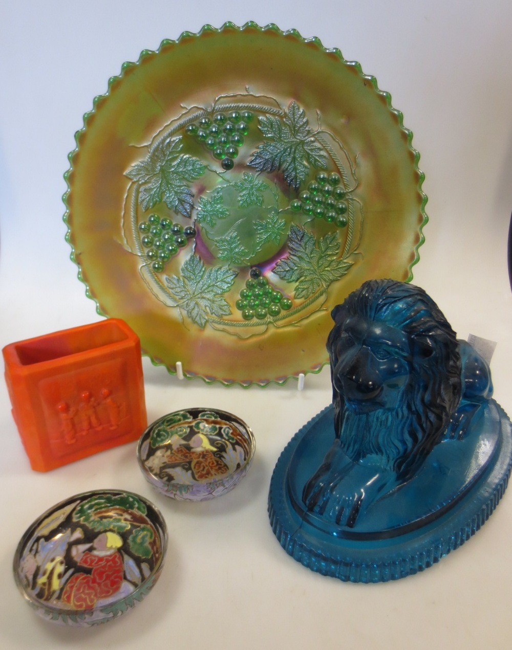 A Davidson glass lion, Bohemian small bowls and other glass