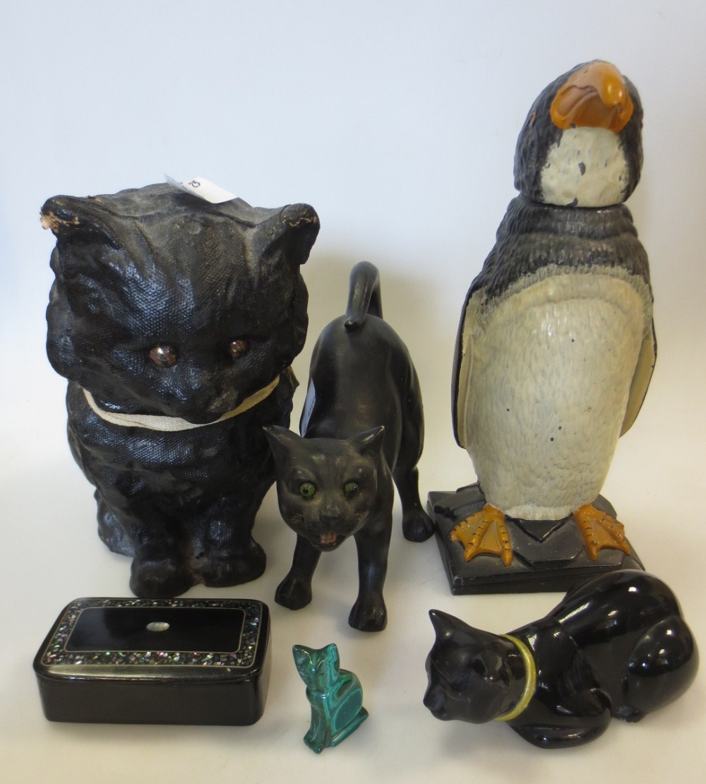 Four figures of cats, a snuff box and a penguin cigarette lighter (6)