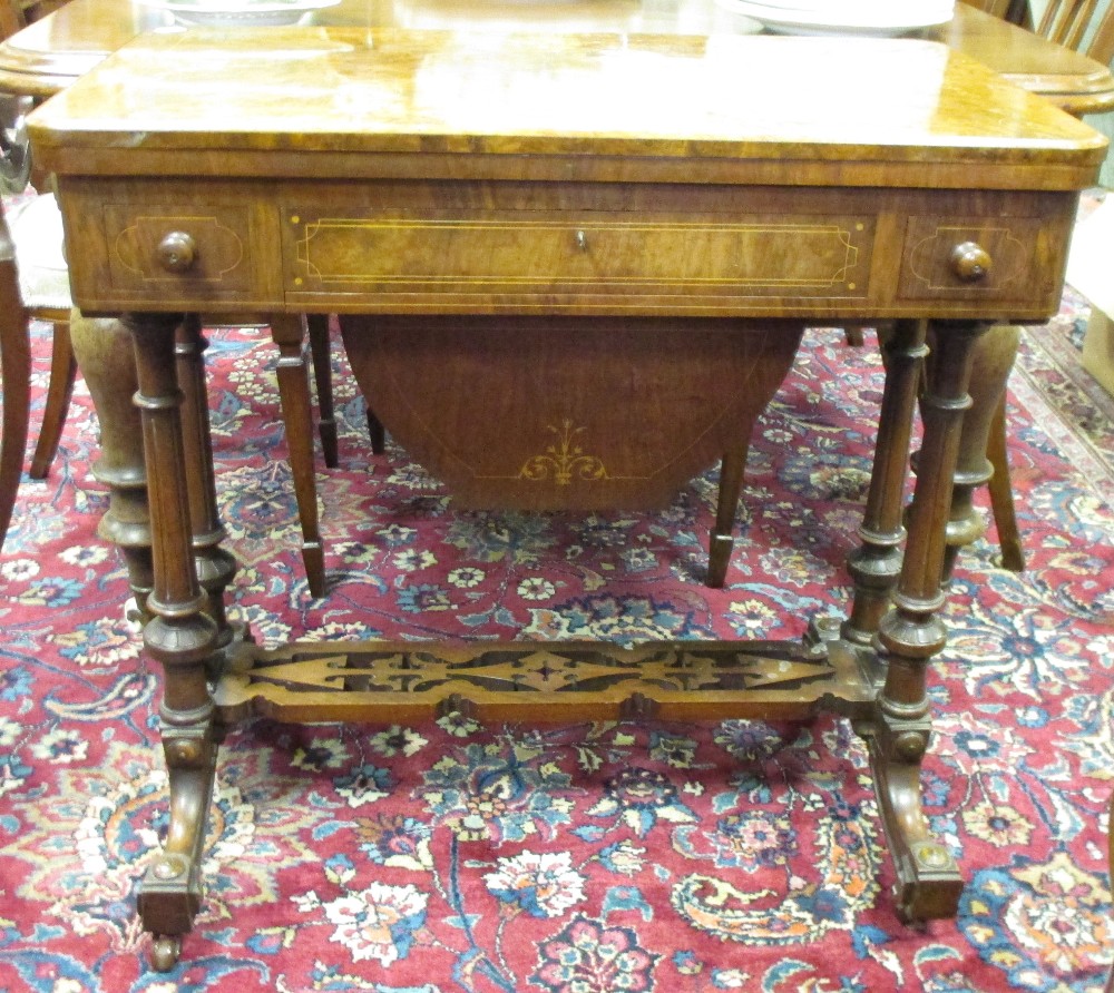 A mid Victorian figured walnut and inlaid games / work table, with fitted drawer and wool box, 75cm - Image 3 of 8