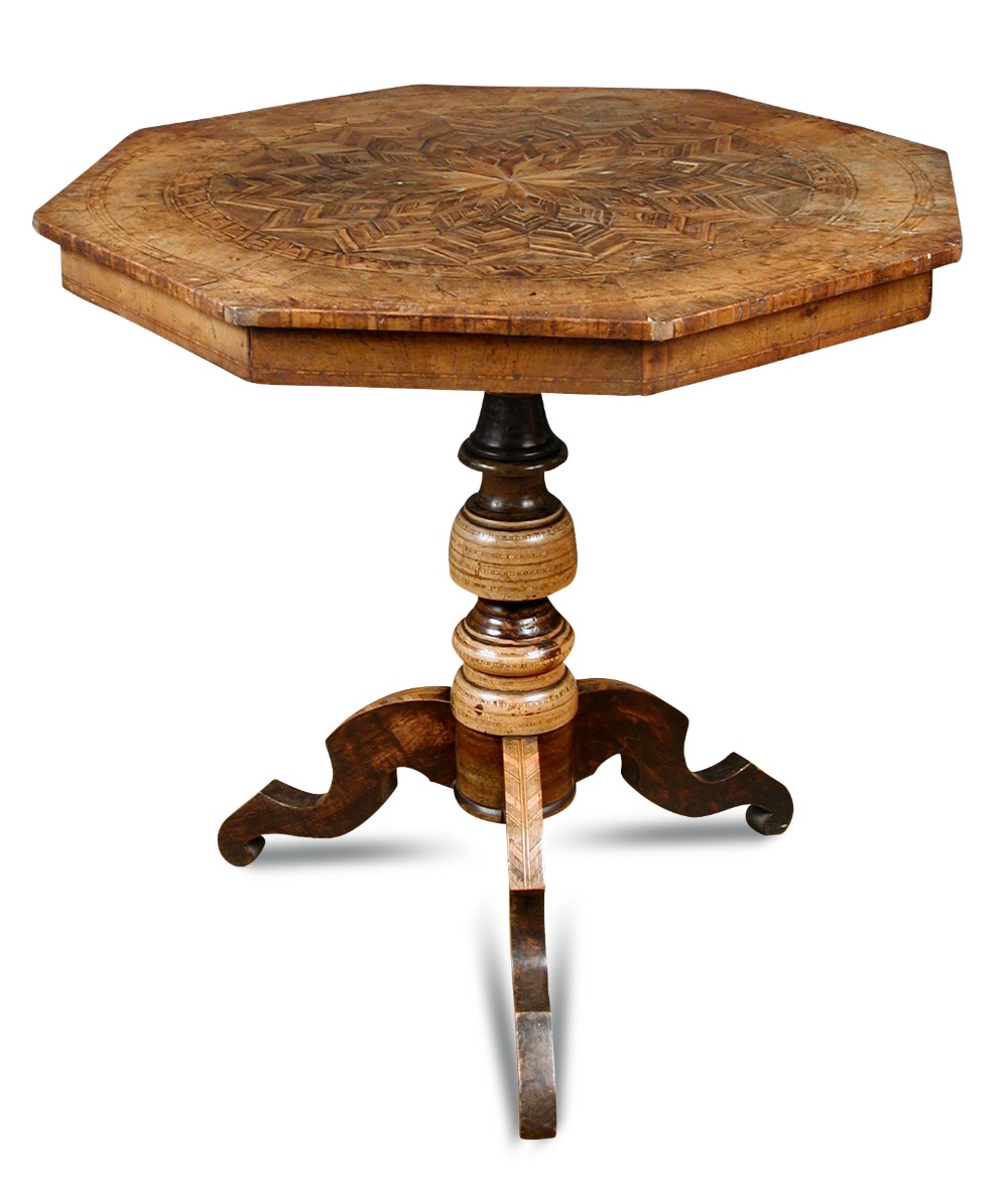 A Serento walnut and parquetry inlaid pedestal table, - 19th century on a turned column and