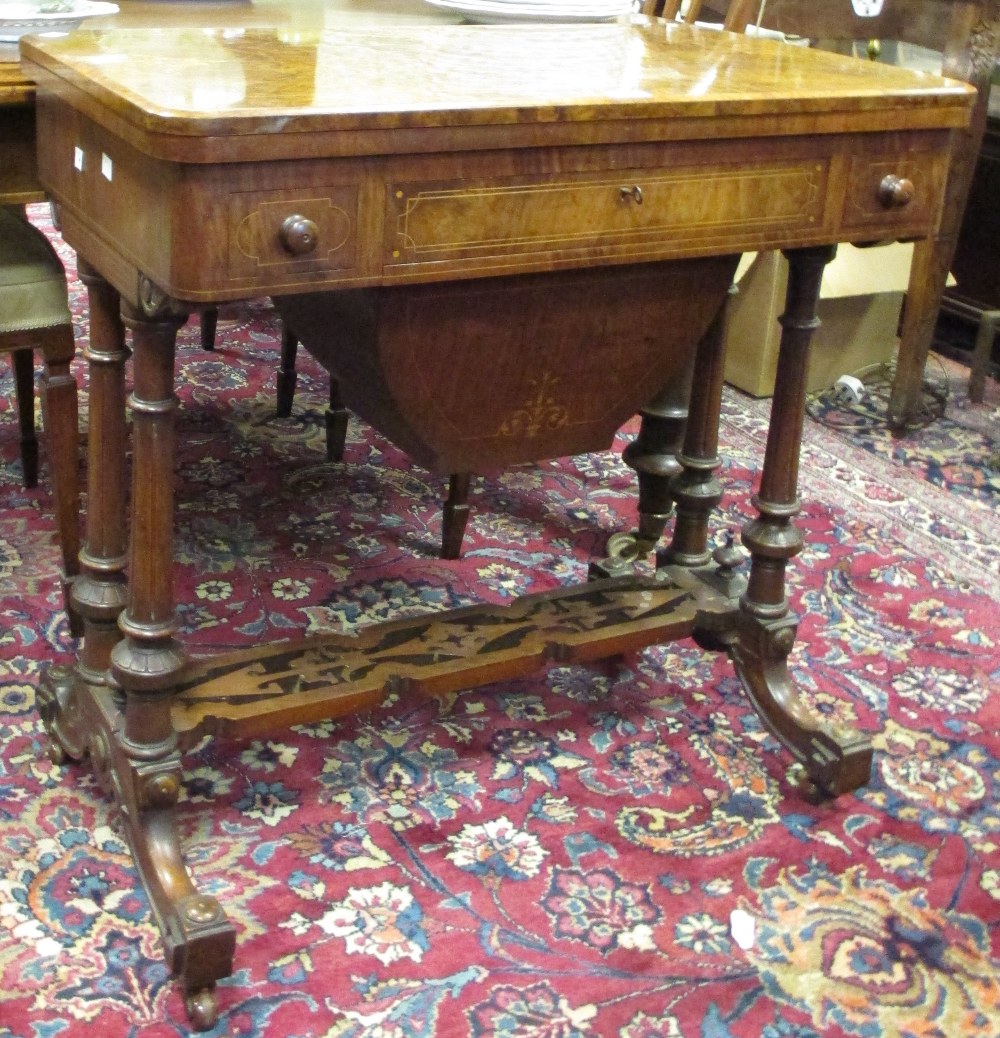 A mid Victorian figured walnut and inlaid games / work table, with fitted drawer and wool box, 75cm - Image 7 of 8