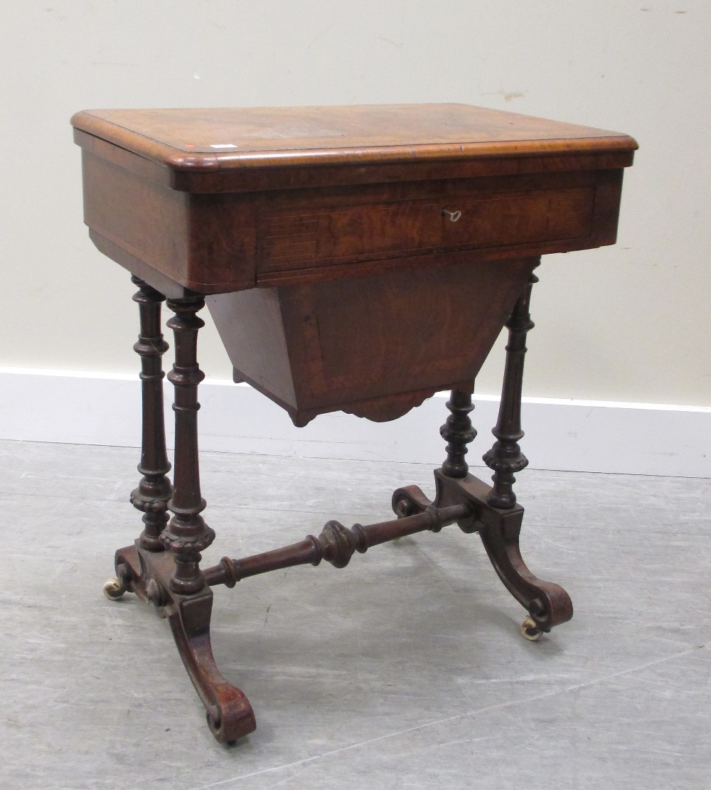 A mid Victorian figured walnut and inlaid games / work table, with fitted drawer and wool box, 75cm
