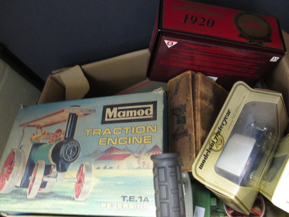 A Mamod live steam traction engine model with trailer, boxed together with other matchbox models (