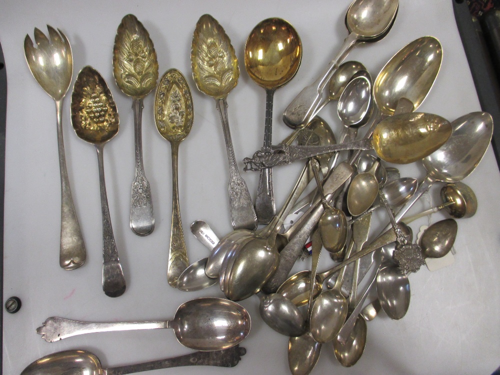 A pair of modern silver `dognose` spoons, together with a collection of miscellaneous flatware