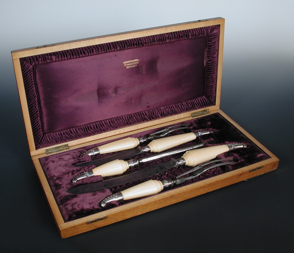 A Victorian set of five ivory and silver mounted carving implements, by Hamilton & Inches,