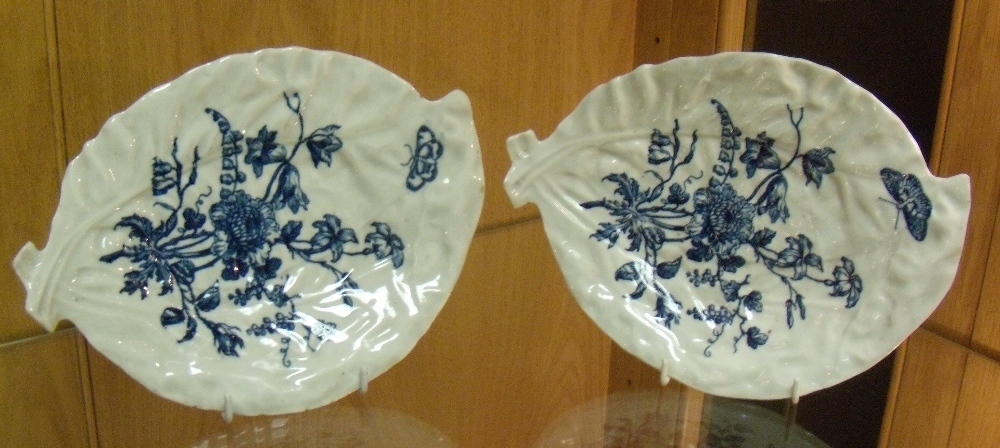 Two similar late 18th century Worcester blue and white leaf shaped dishes printed with butterflies