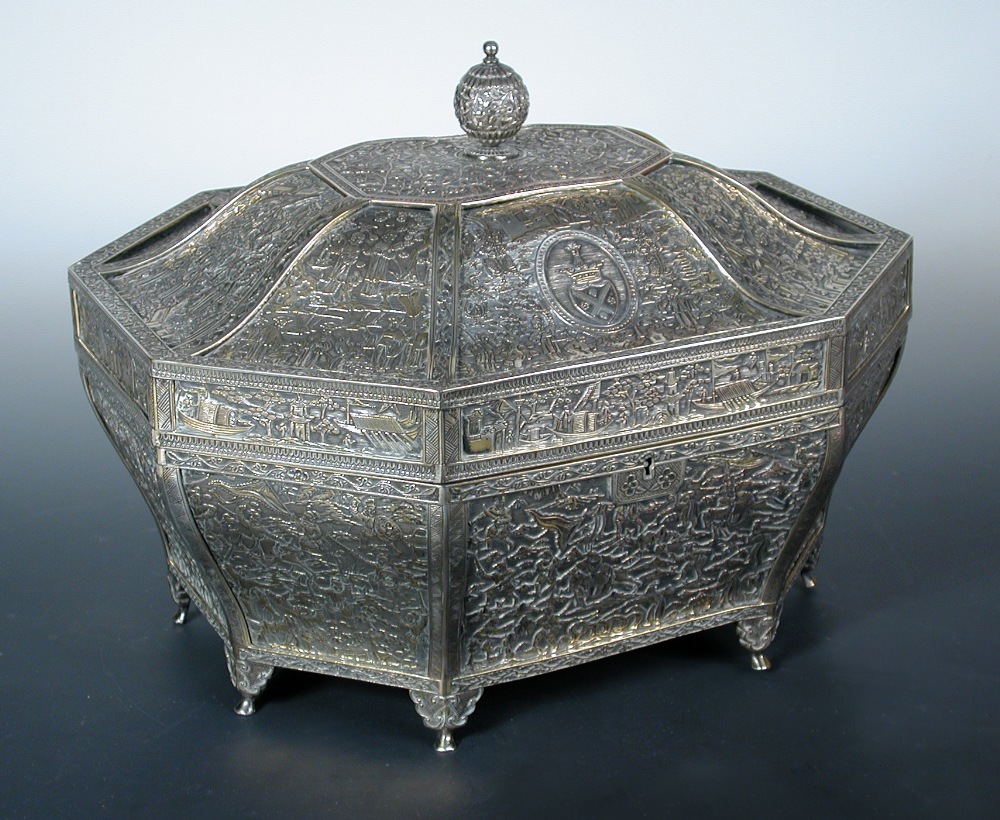 A large and unusual electroplate box in the Chinese taste, probably an electrotype copy of a