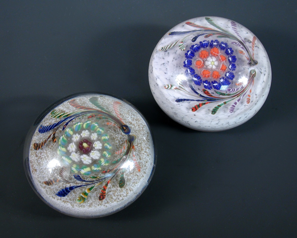 Two early Ysart magnum glass paperweights, possibly by Salvador Ysart, each with central