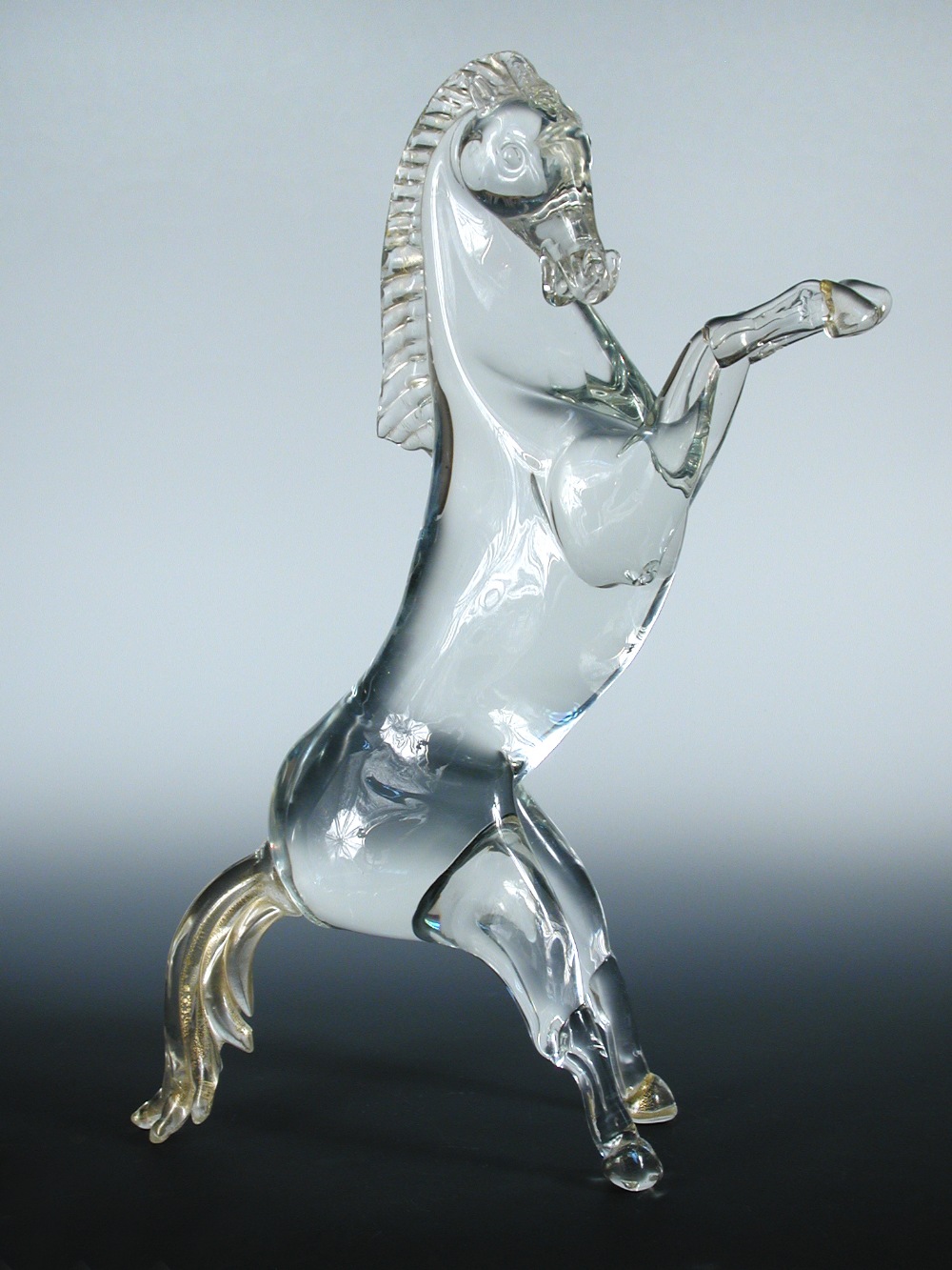 A large Murano glass model of a rearing stallion, possibly Zanetti, the clear glass model with