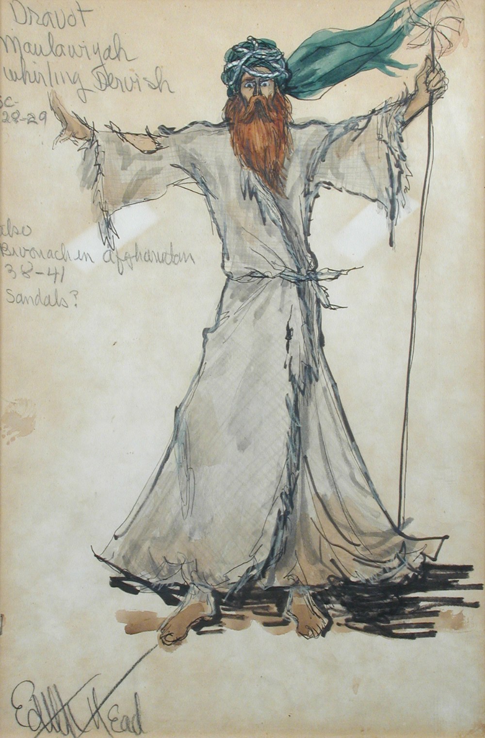 Edith Head, two framed costume designs from the film `The Man Who Would be King`, the annotated