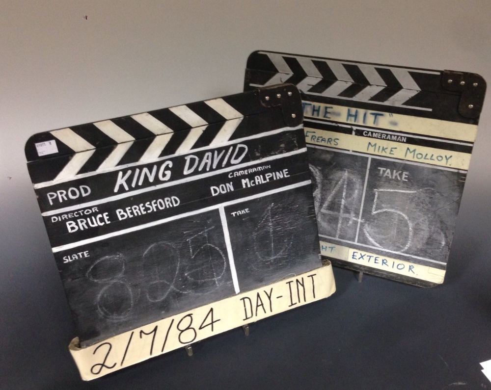 Two production-used clapper boards, the first from the 1985 film `King David` starring Richard Gere,