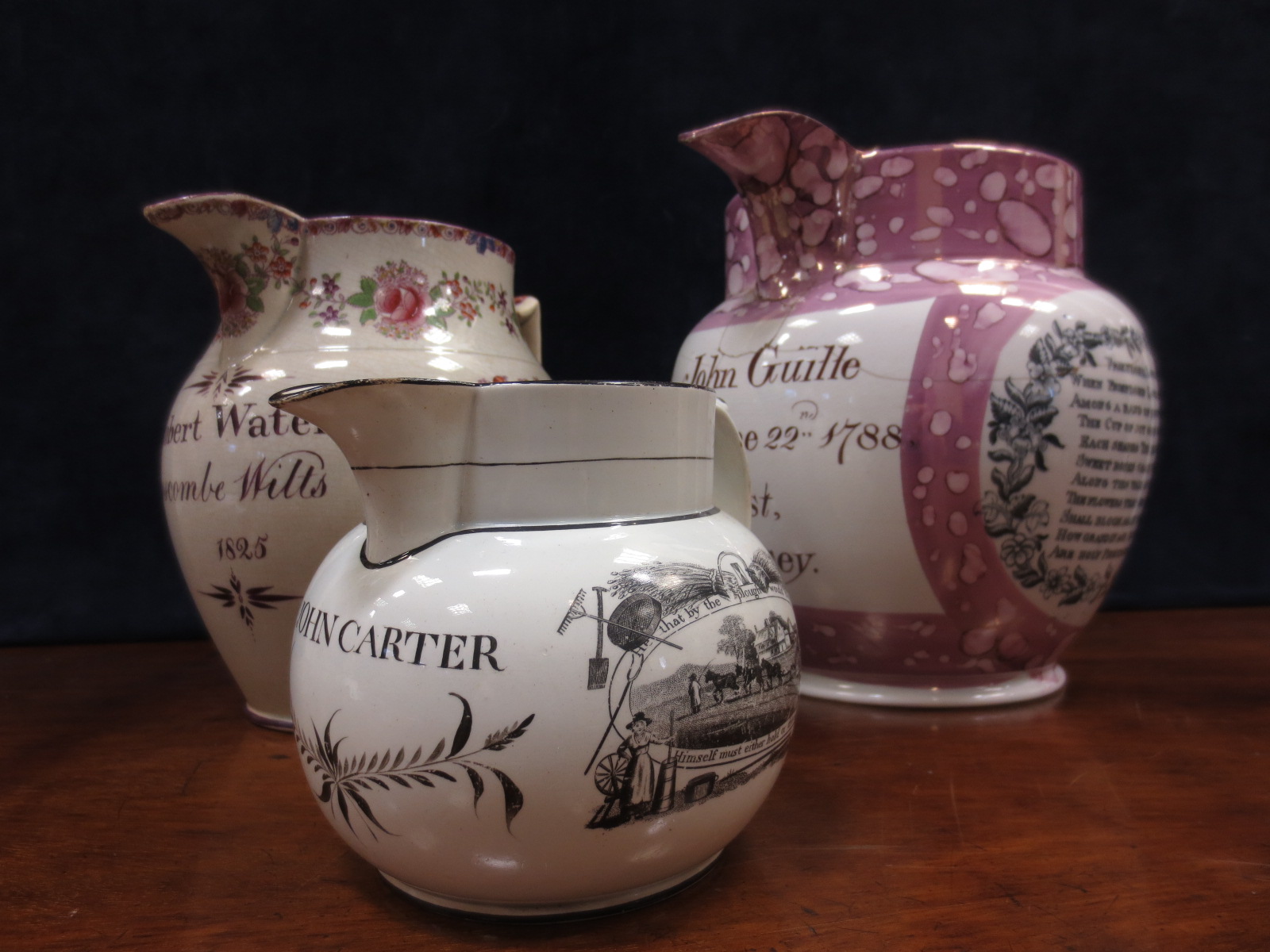 A large Sunderland lustre jug dated 1788 (a/f) and two other early C19th jugs