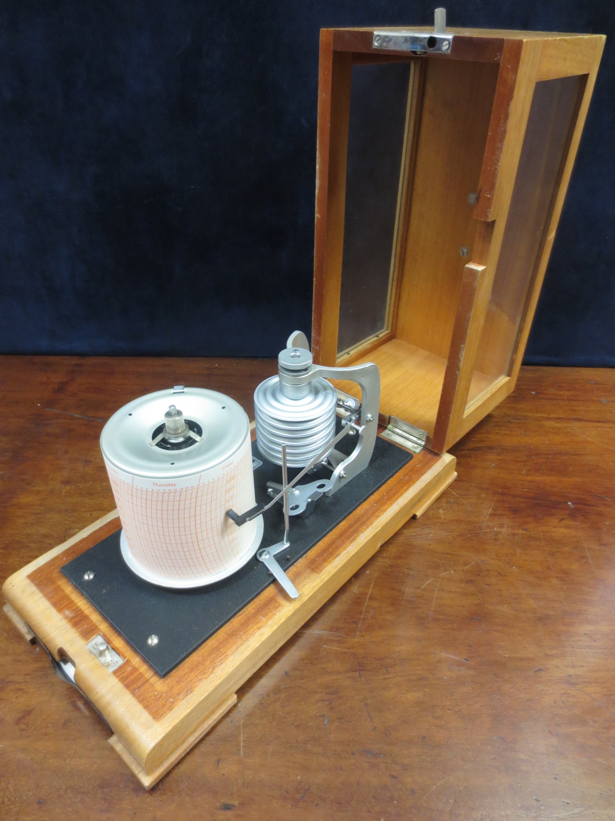 A modern barograph, a circular dialled pair of Hygrometer and Thermometer (3)