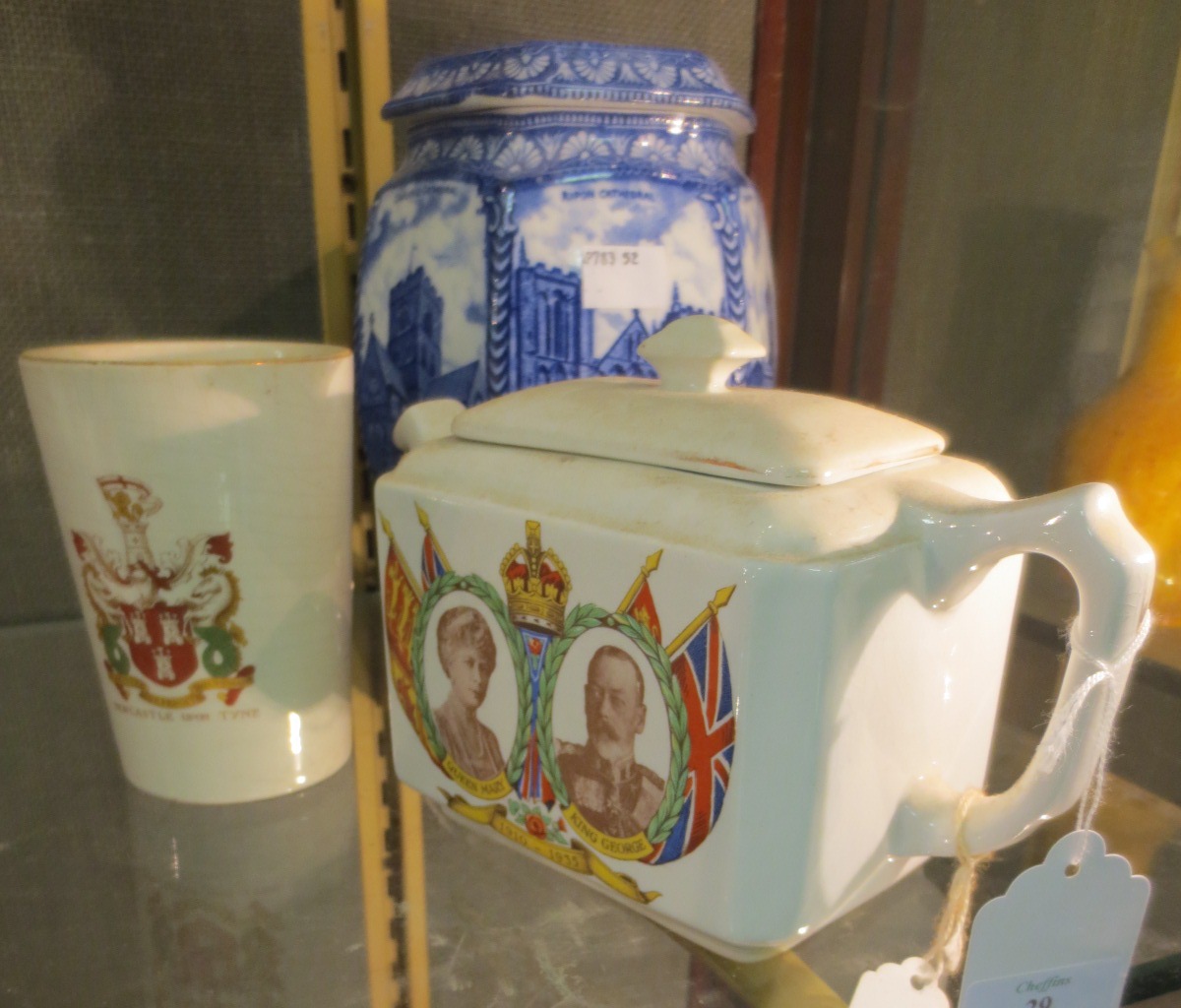 A Maling Rington`s tea blue and white tea canister and two commemorative wares