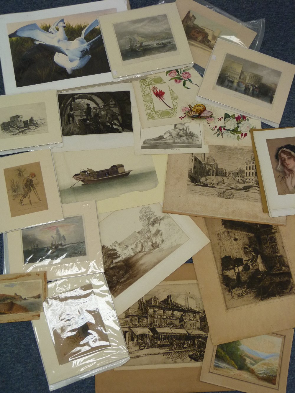 A quantity of unframed watercolour drawings and prints, including a rice paper painting of a junk,