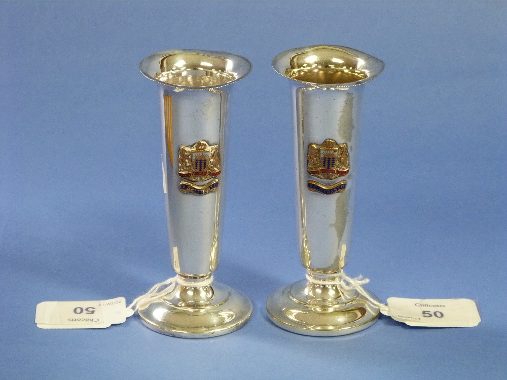 S.S. Otranto; a pair of silver-plated souvenir trumpet vases, each applied with a gilt-metal and