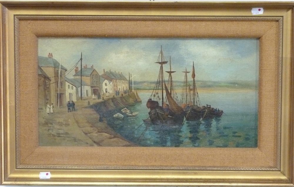 M. Trood (British, 19thC/20thC) Fishing Boats by the quayside in a West Country coastal landscape