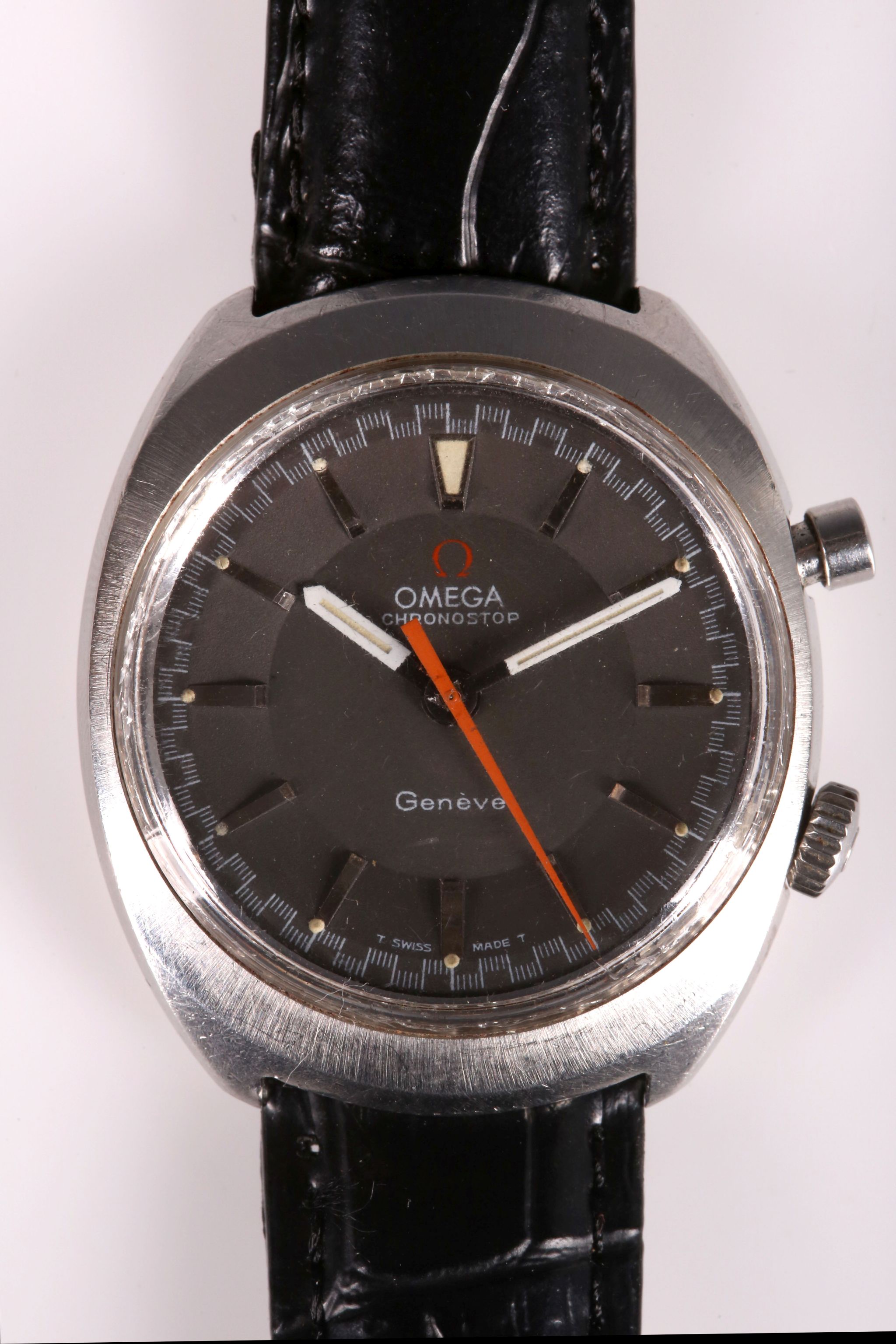 A circa 1970s Omega chrono stop wristwatch in stainless steel, later strap.