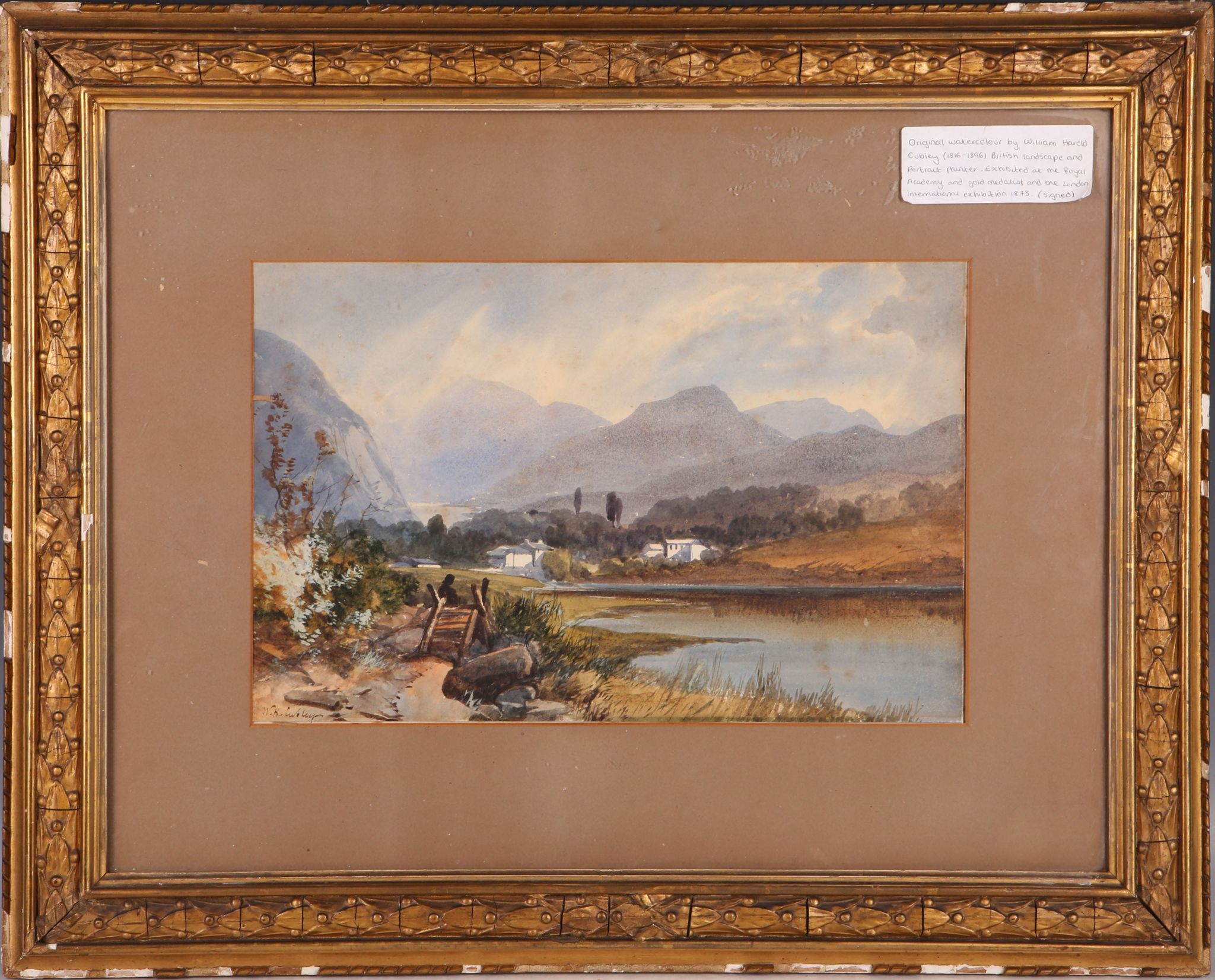William Harold Cubley (1816-1896), landscape with distant mountains and lake, watercolour, signed