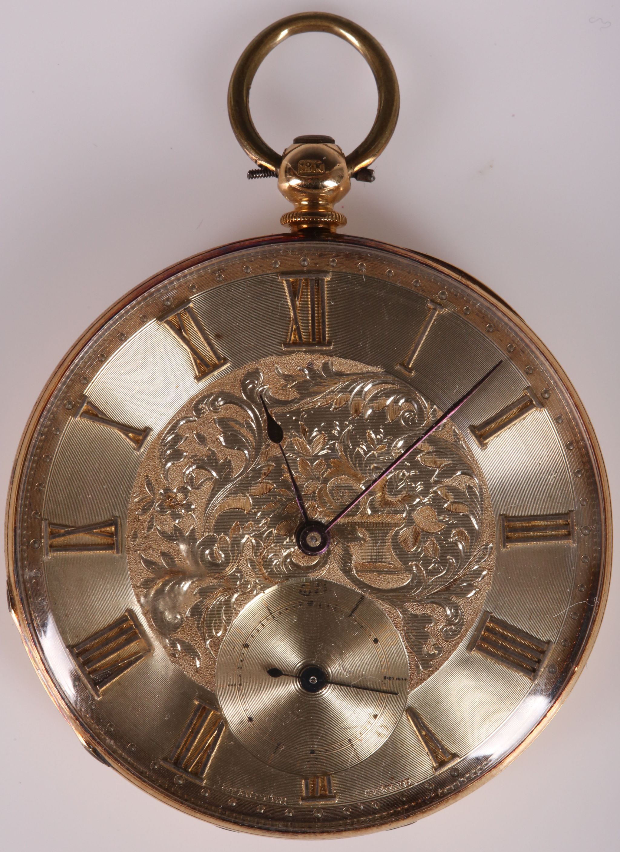 A 19th Century 18ct gold cased open face pocket watch by Stauffer Geneve, with silvered Roman
