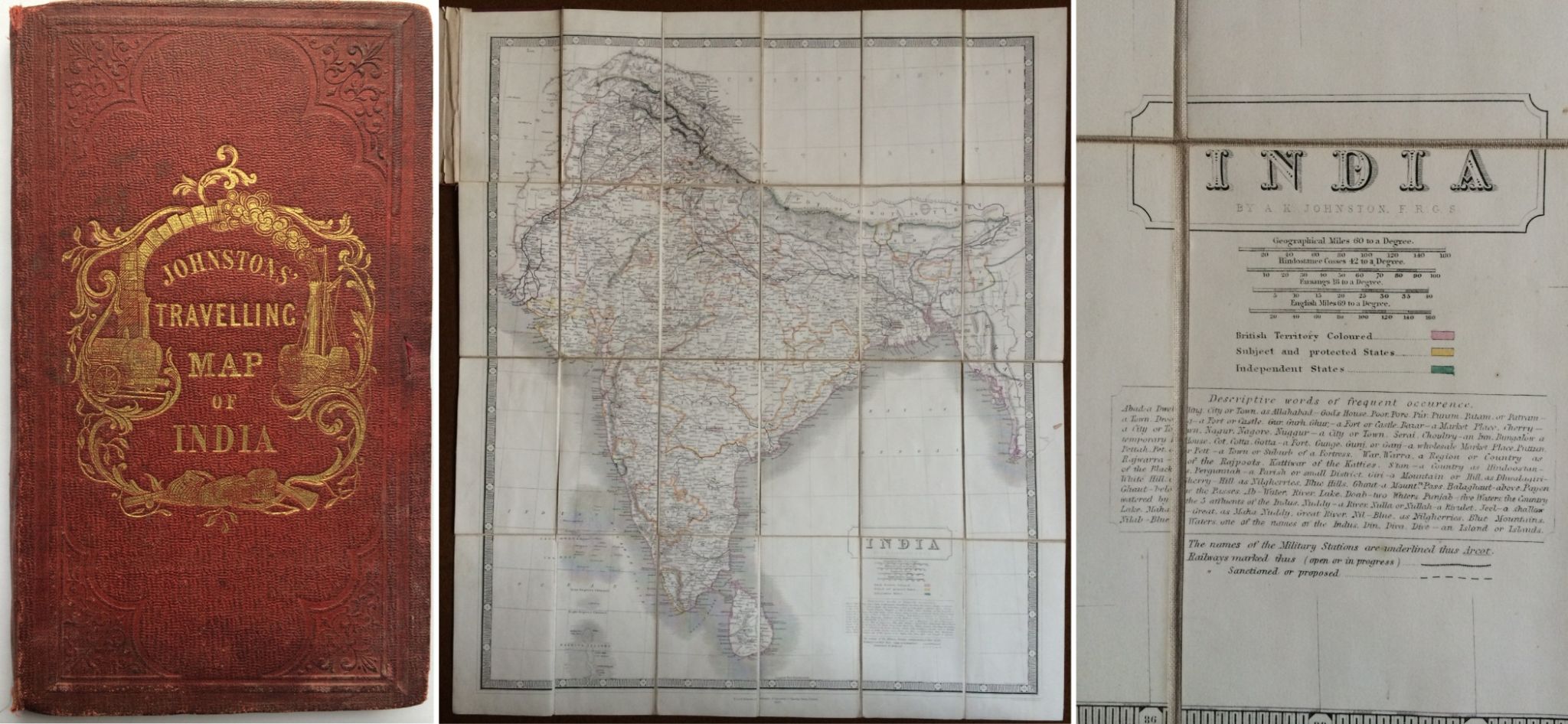 JOHNSTON`S TRAVELLING MAP OF INDIA - A large folding military map, of India by A.K. Johnstone,