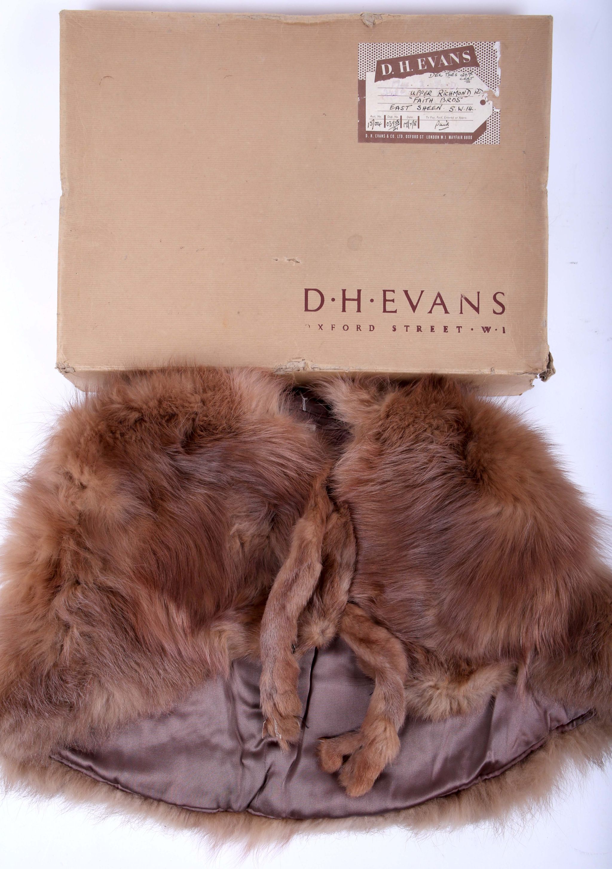 A circa 1951 brown fox fur ladies shoulder cape, with feet, labelled D.H. Evans, in original box.