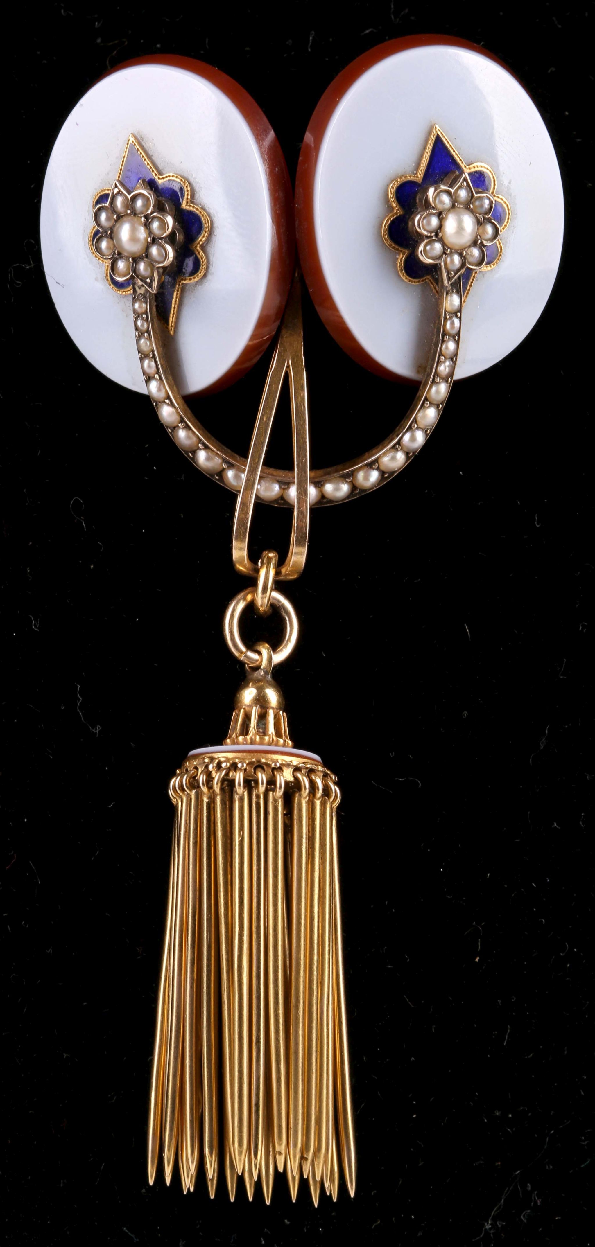 A fine 19th Century gold and hardstone double locket tastle brooch, set with natural seed pearls and