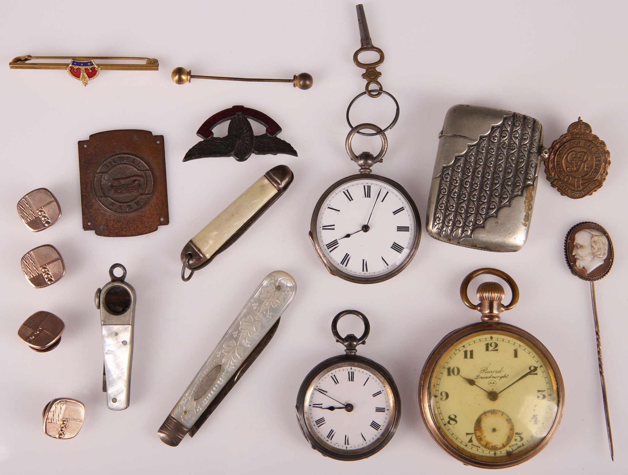 Two fob watches, sold together with a gold plated pocket watch, a vesta case, two pen knives, a