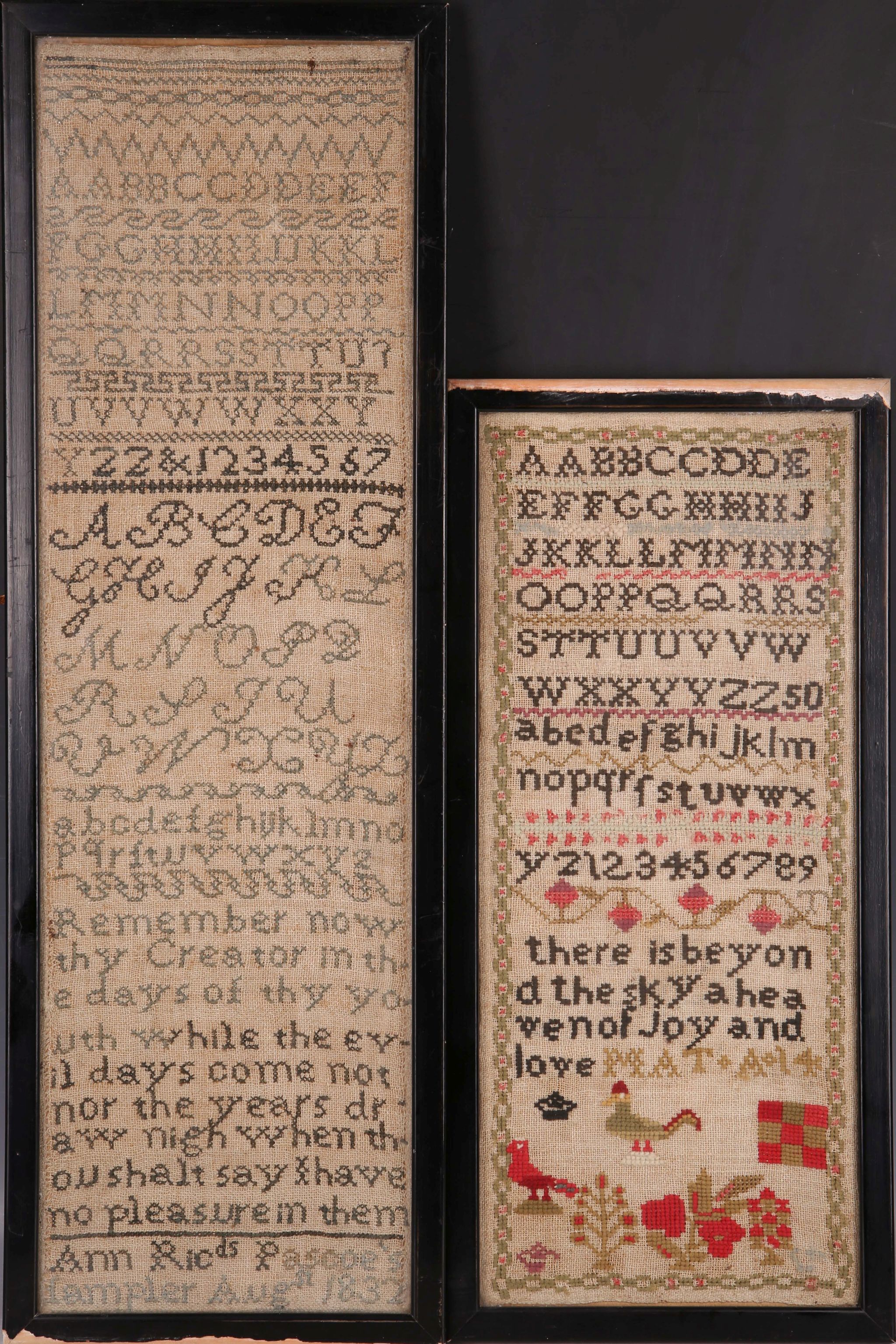 Two Victorian samplers, one by Ann Pascoe 1832, 65 x 19cm, the second 46 x 19.5cm, both glazed and