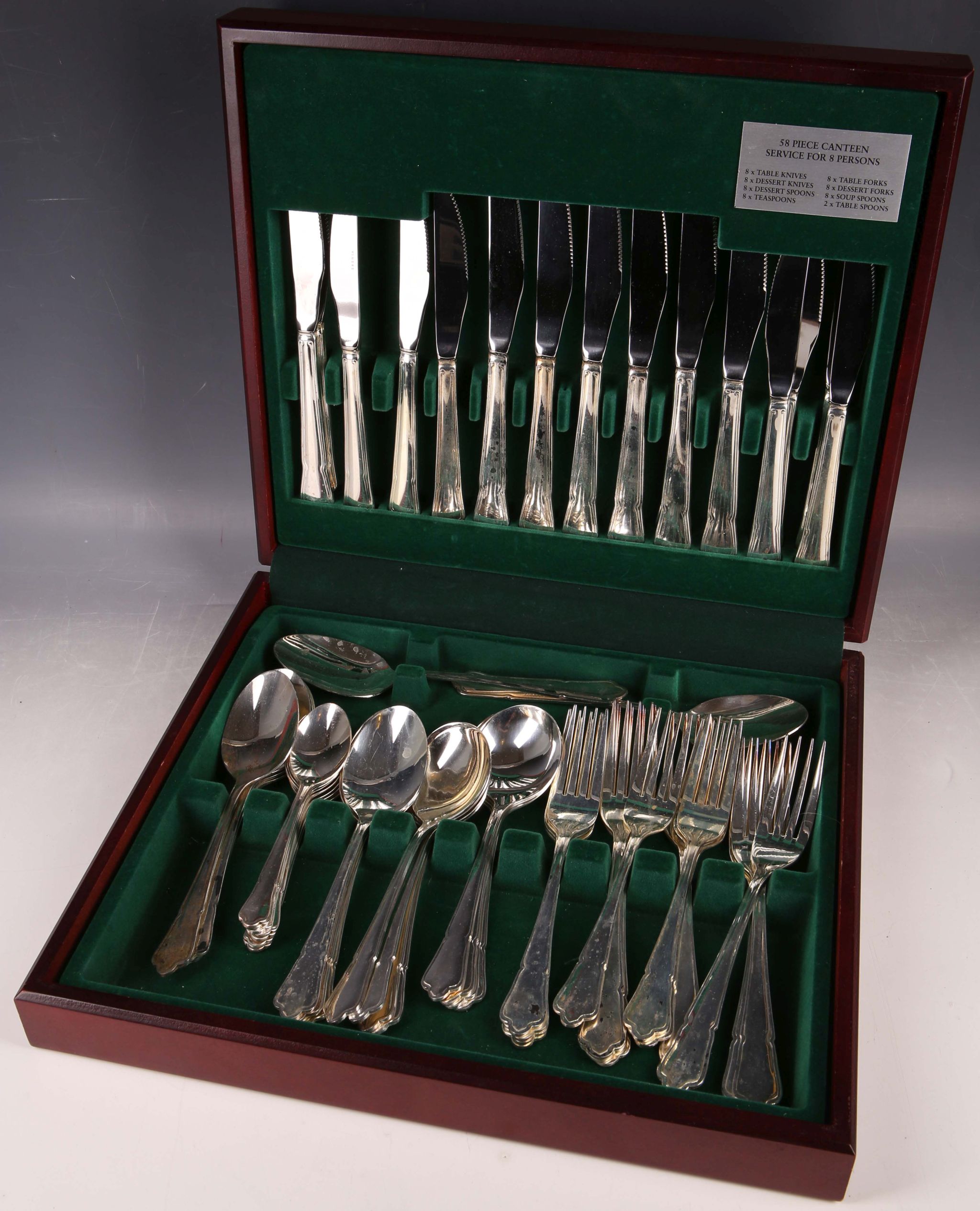 A modern mahogany cased Sheffield silver plated 58-piece canteen of cutlery, (complete).