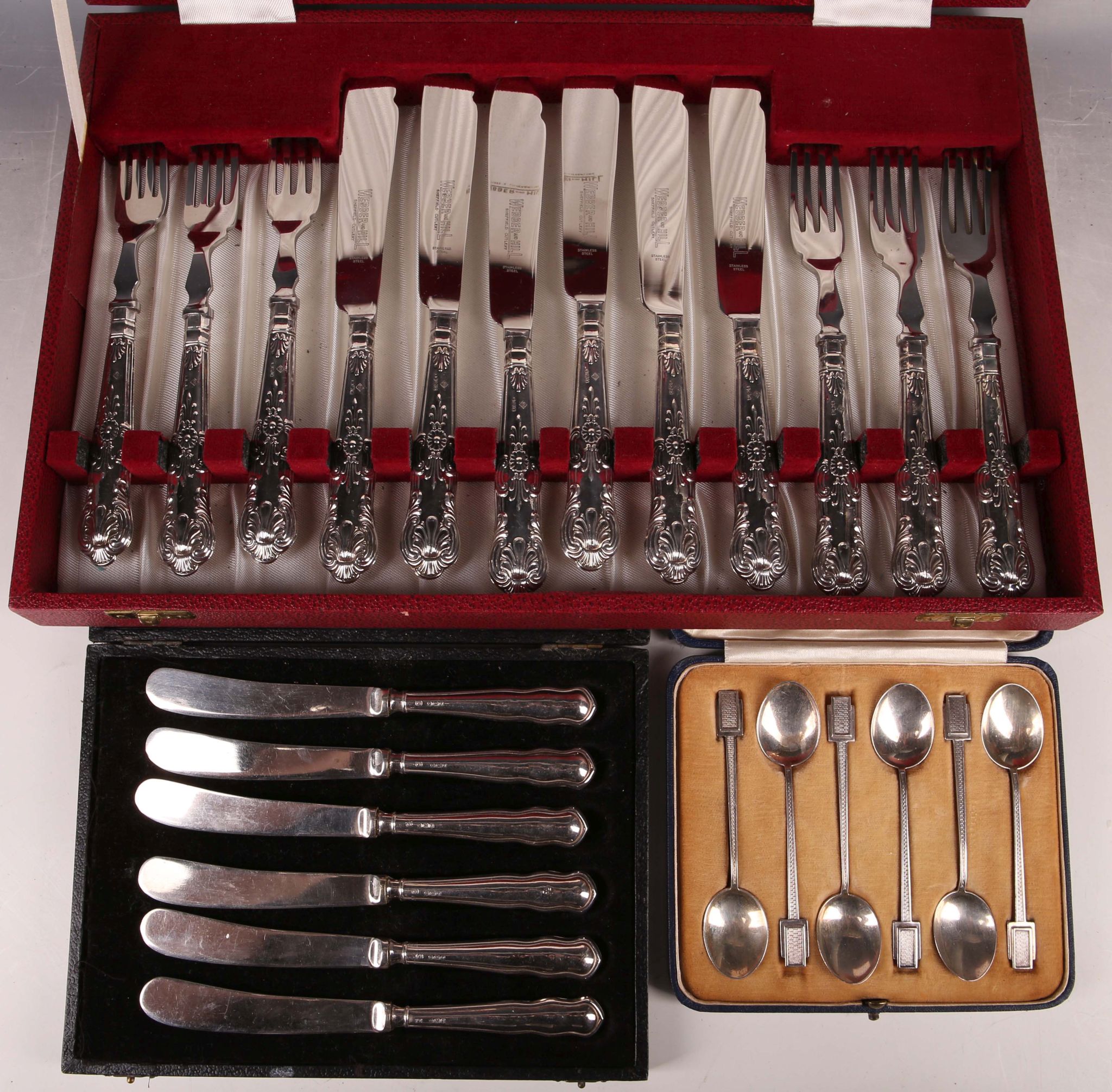 A cased set of hallmarked silver `King` pattern fish knives and forks, sold together with a cased