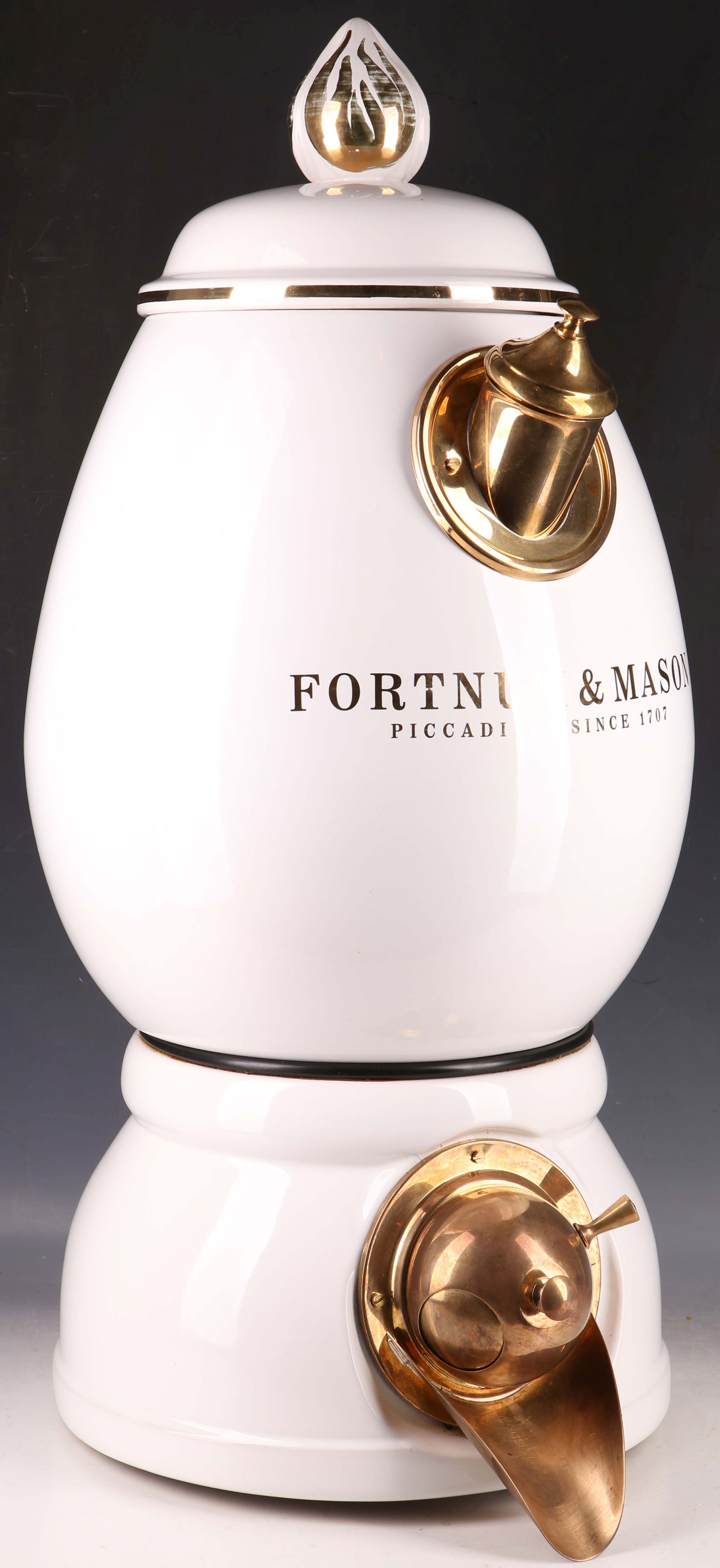 Fortnum & Mason of Piccadilly, London, ceramic shop display coffee dispenser, gilded flame finial,