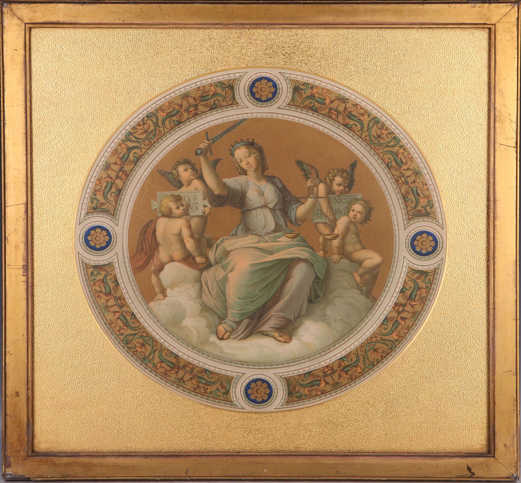 After Rafael, a pair of chromolithographs of `Theology` and `Justice`, circular in design,