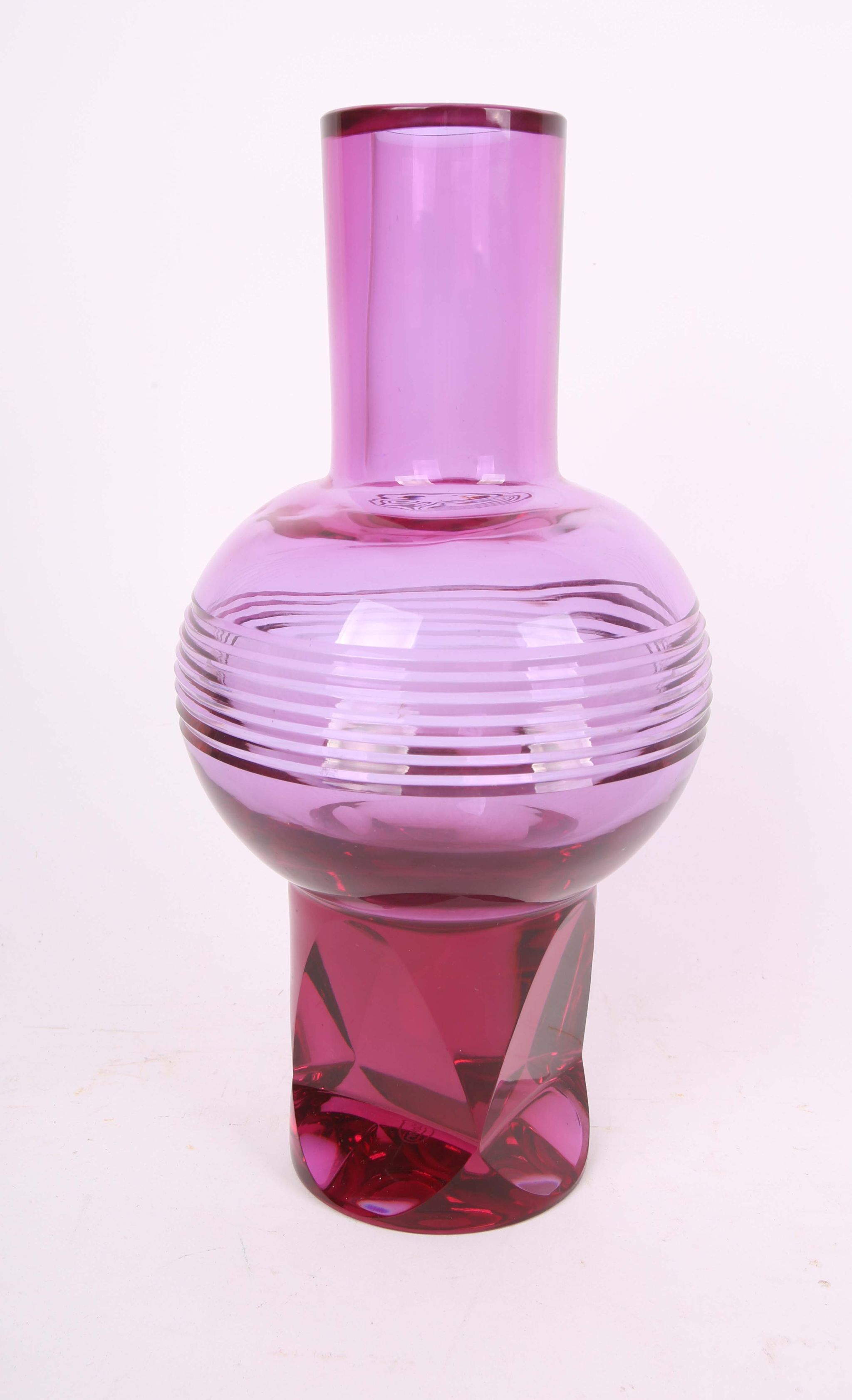 A Moser Glass vase, mid 20th Century, amethyst colour, cylindrical form with linear cut bulbous