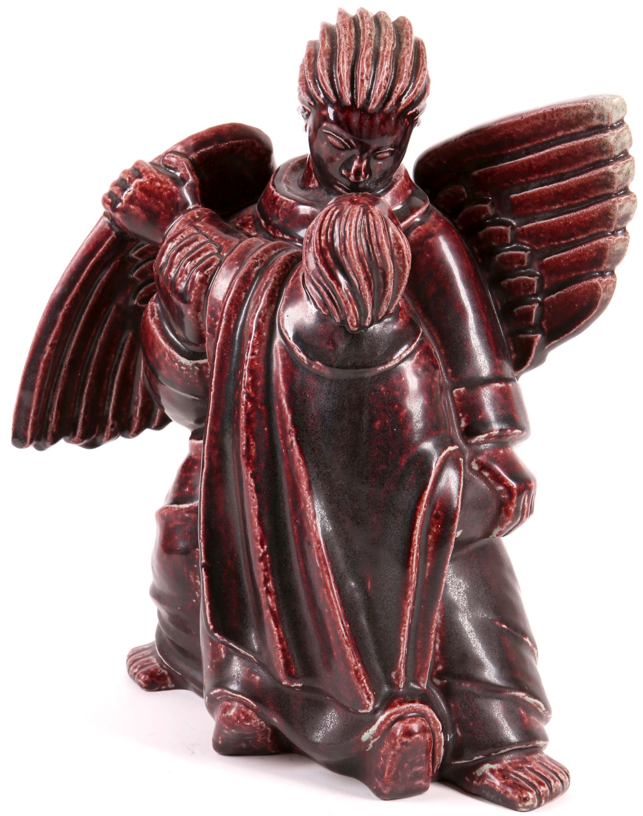 Jais Nielsen for Royal Copenhagen, `Jacob and the Angel`, circa 1930s, stoneware figure with oxblood