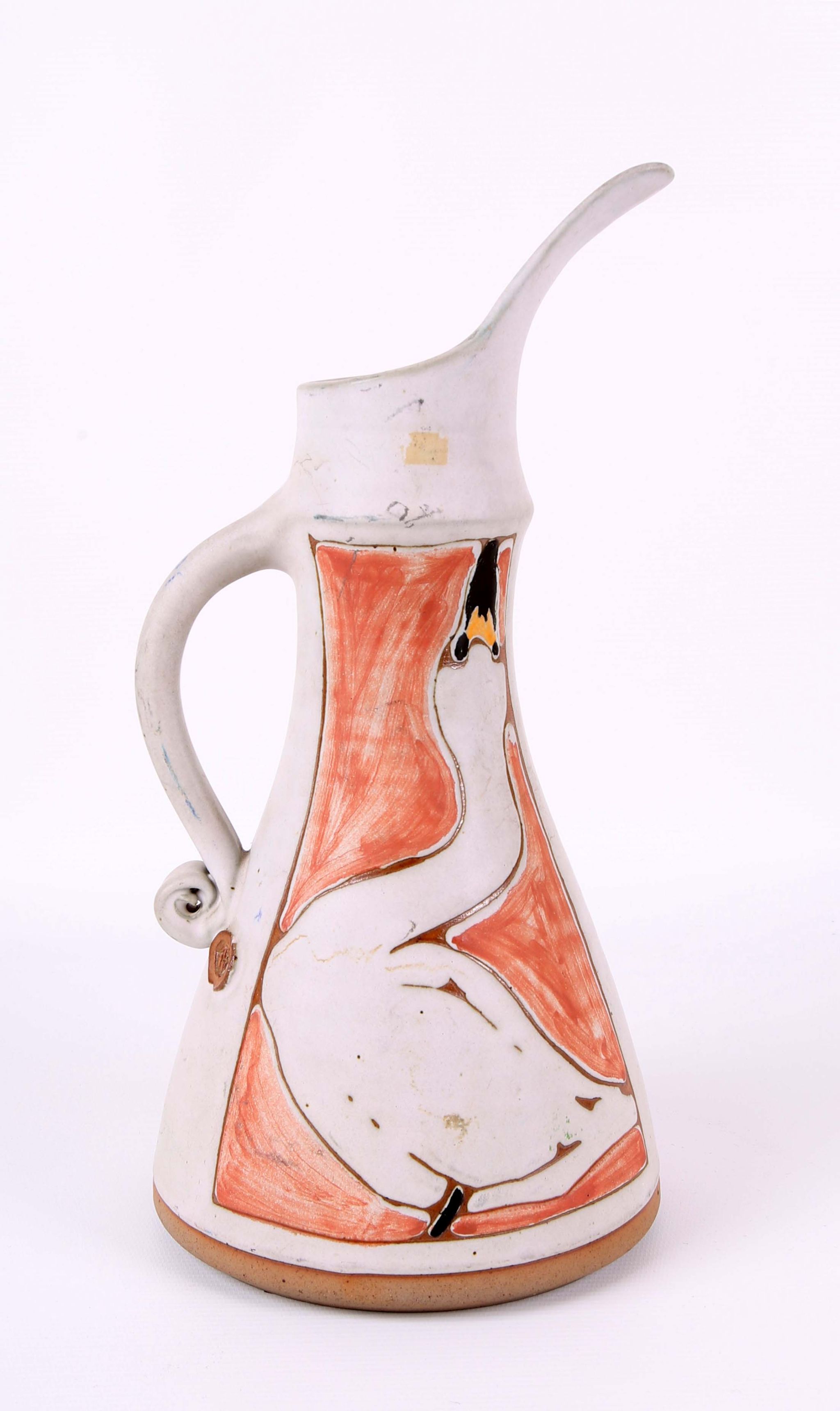 Michael and Barbara Hawkins, Port Isaac Pottery stoneware jug with stylised swan motif, impressed