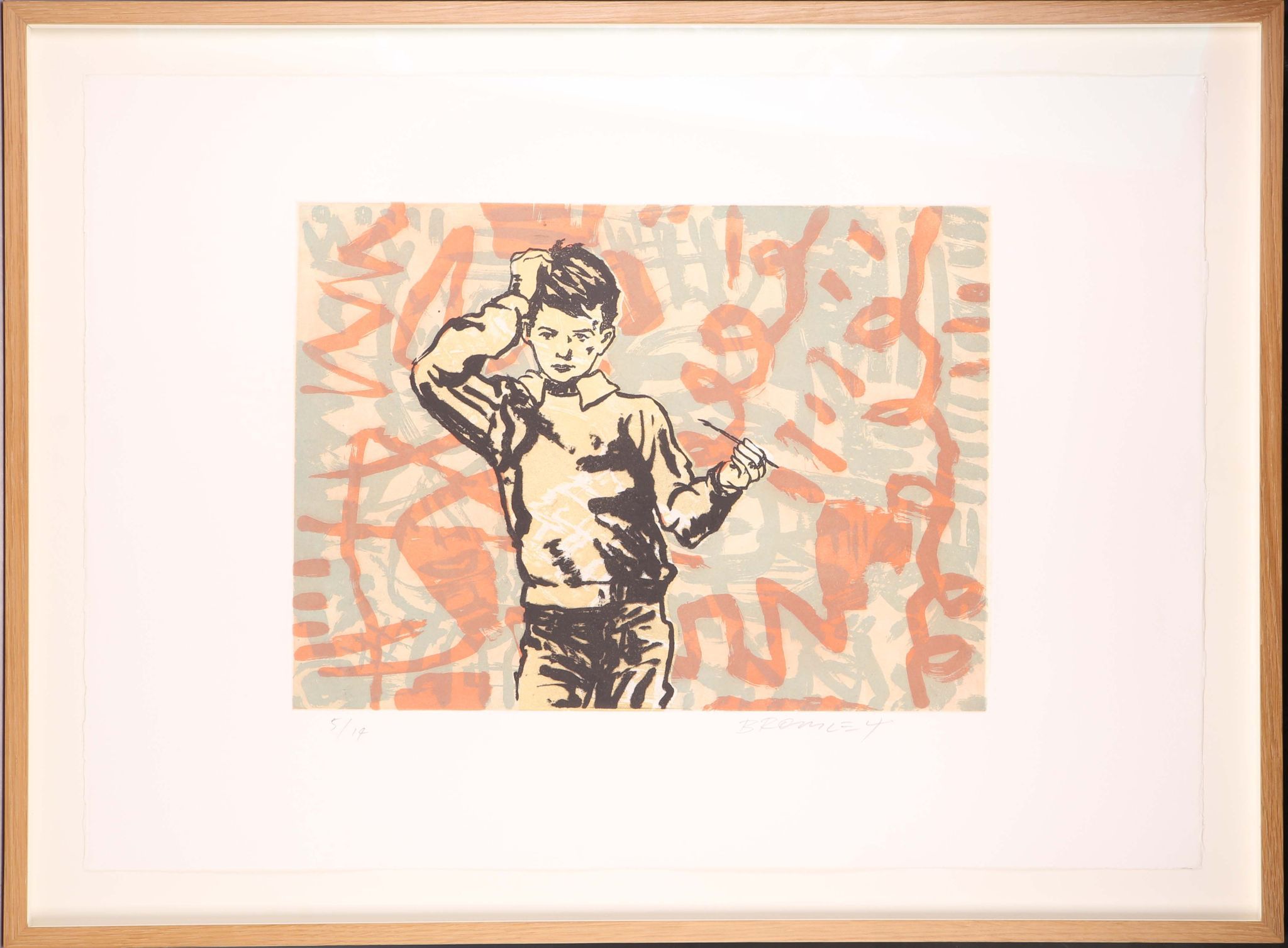 David Bromley, coloured etching, `Boy Painting`, 2009, limited edition 5/14, signed in pencil,