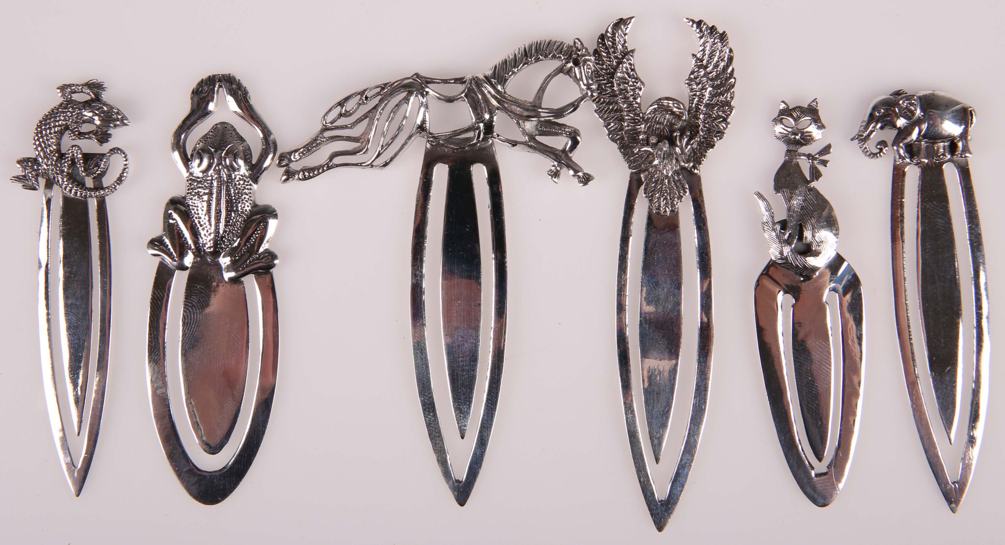 A selection of six sterling silver .925 bookmarks in the form of lizard, elephant, eagle, etc. (6)
