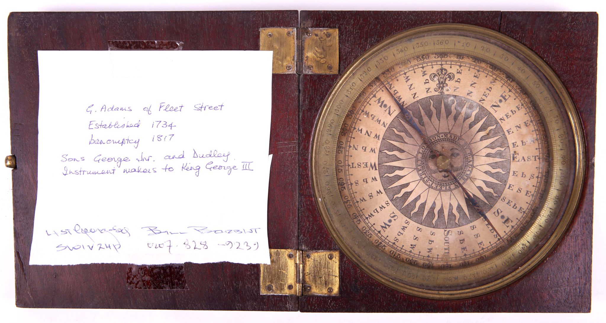 A fine late 18th or early 19th Century mahogany cased compass by G. Adams of Fleet Street,