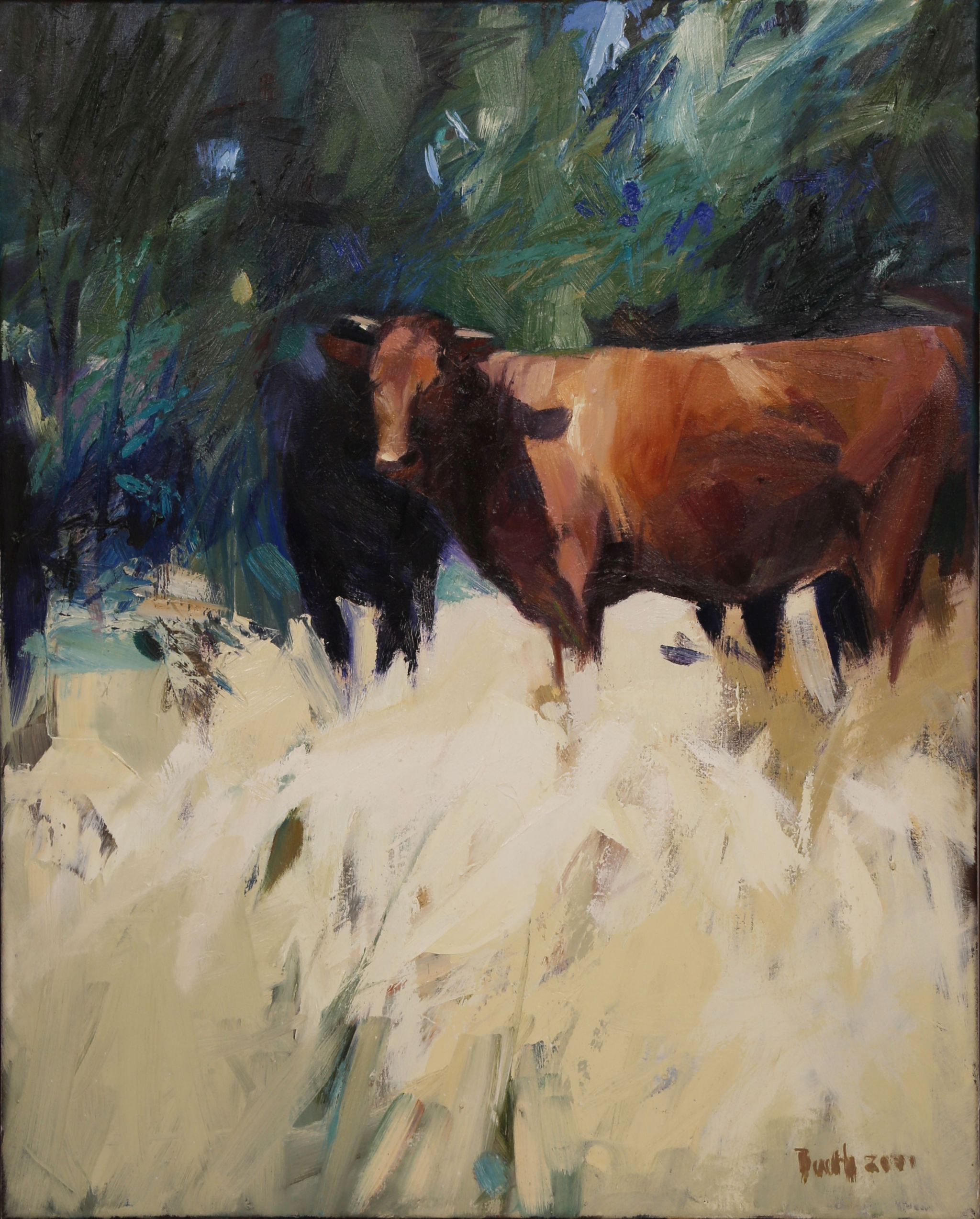 Bob Booth (Australian, born 1948), untitled, 2001, oil on canvas, landscape with cows, signed and
