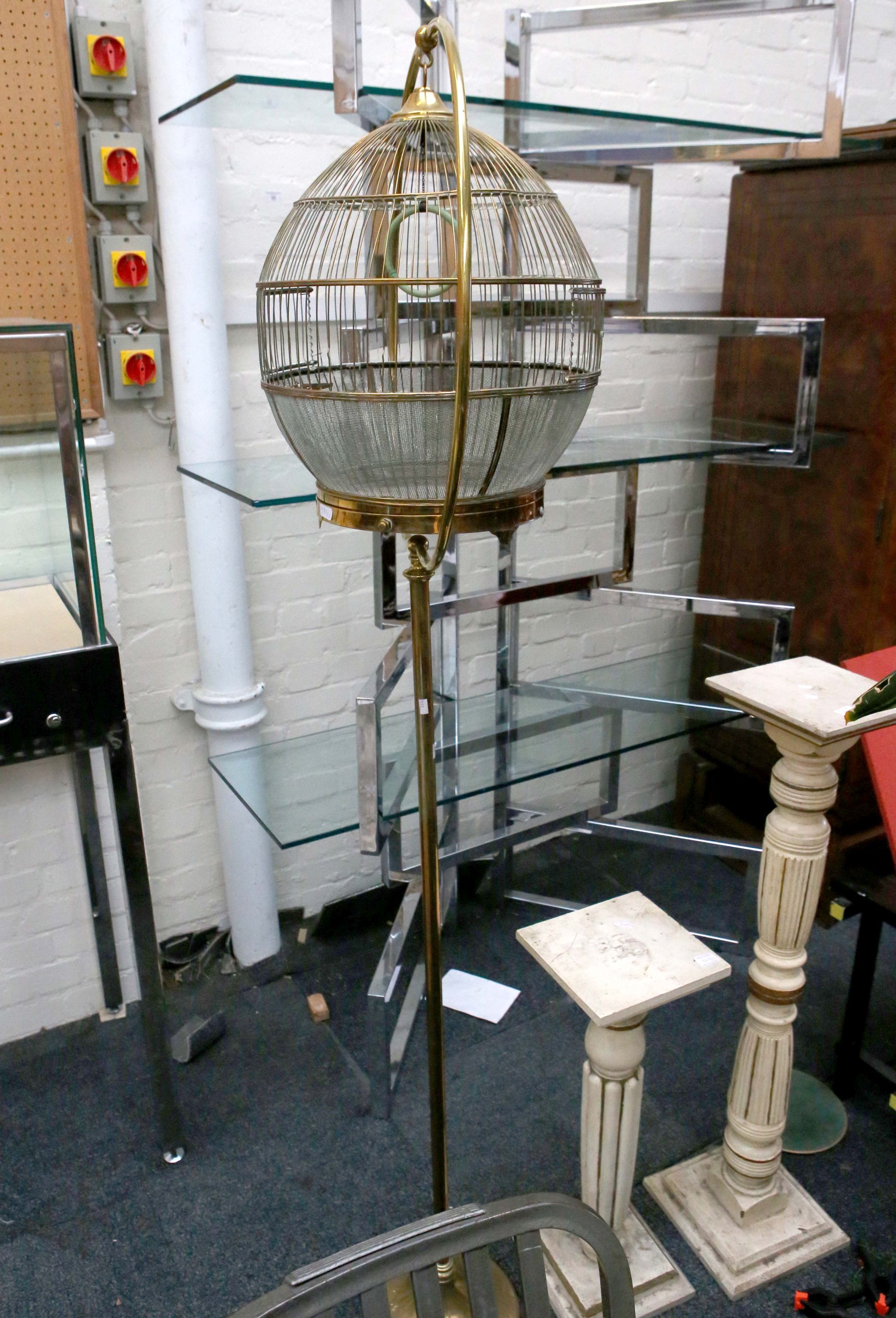 A brass spherical song bird cage and stand, together with a set of Simplex library steps. (2) - Image 2 of 2