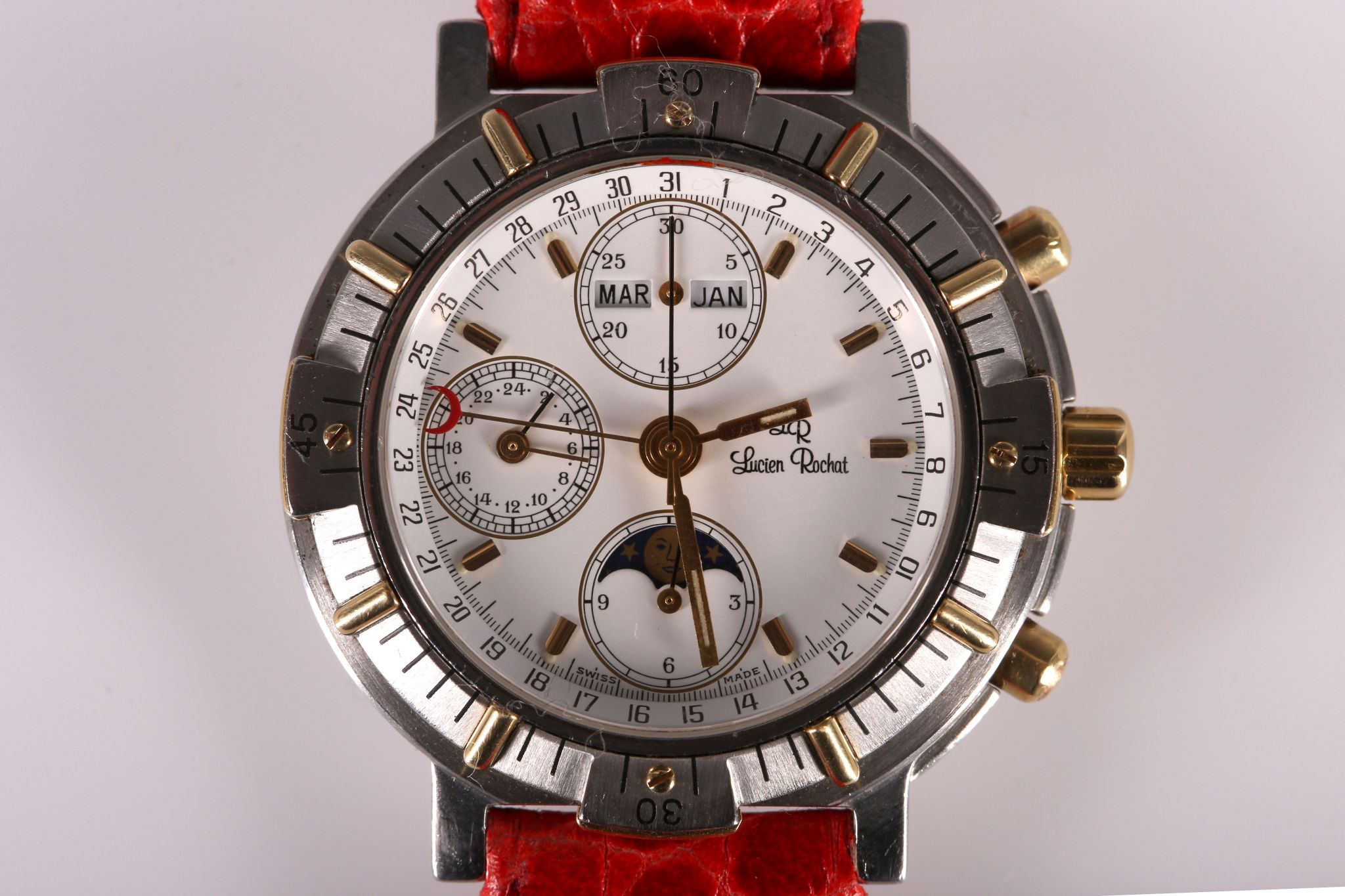 A gents Lucien Rochat chronograph wristwatch in stainless steel, white 18ct gold embellished